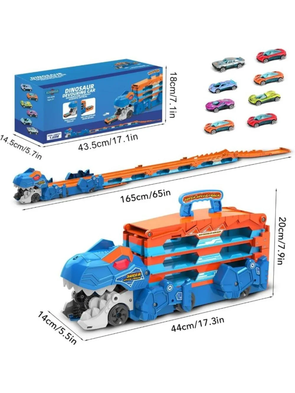Dinosaur Transport Truck Toy - 3-in-1 Ejection Track Set with Sound & 8 Race